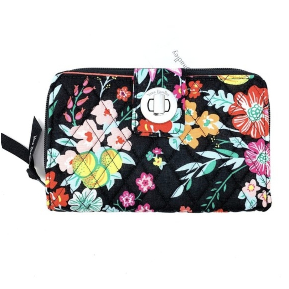 Vera Bradley RFID Turn Lock Wallet in TANGERINE TWIST‎ Black Floral New